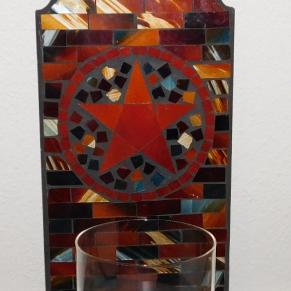Mosaic Glass Wall hung Pillar Candle Holder w/ Texas Star New! Western Lodge - Picture 2 of 3